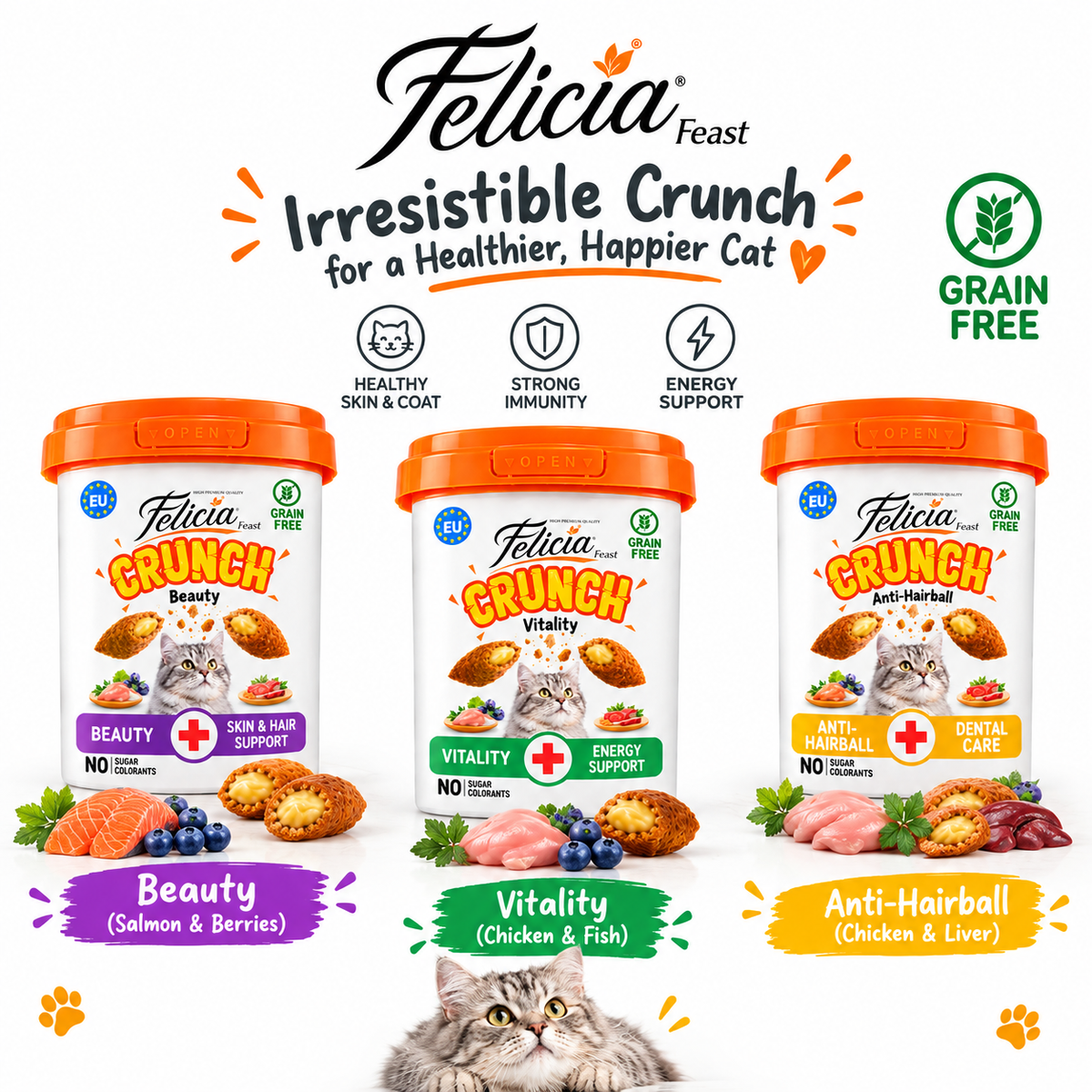 Felicia Feast Crunch Grain-Free Cat Treats – Beauty, Vitality & Anti-Hairball